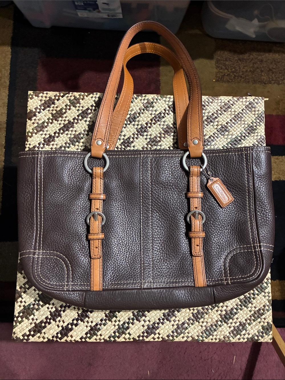 Coach Dark Brown Leather Shoulder Bag with Tan Straps